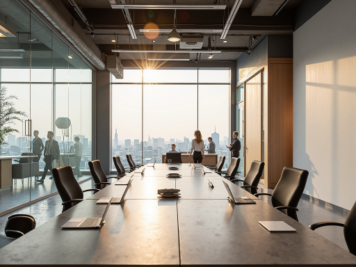 现代化办公环境，宽敞明亮的会议室，员工正在讨论项目方案，简洁现代装修风格