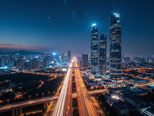 现代化城市天际线夜景，高楼大厦灯火通明，象征未来发展和希望